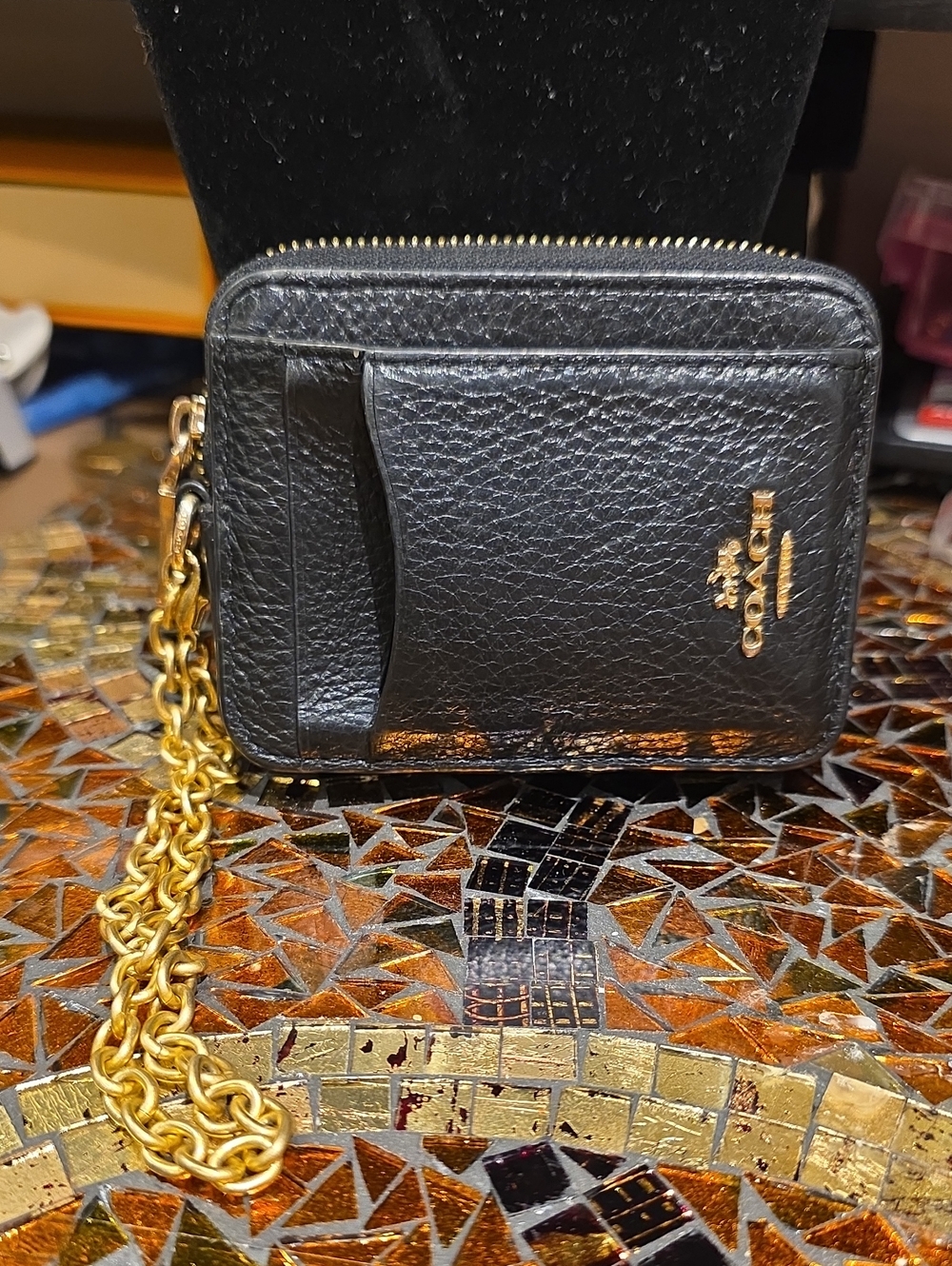 Coach Black Pebbled Leather Mini Wallet with Gold Chain